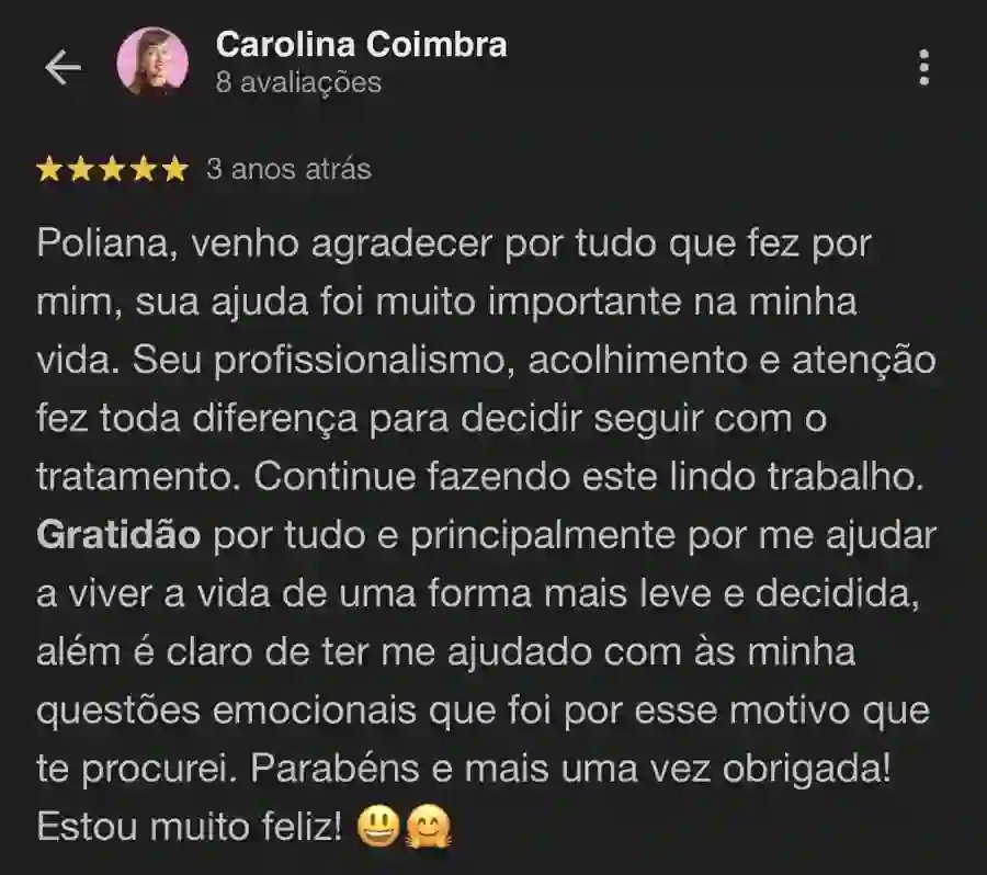 Depoimento de Carolina Coimbra sobre a Poliana Santos no Google