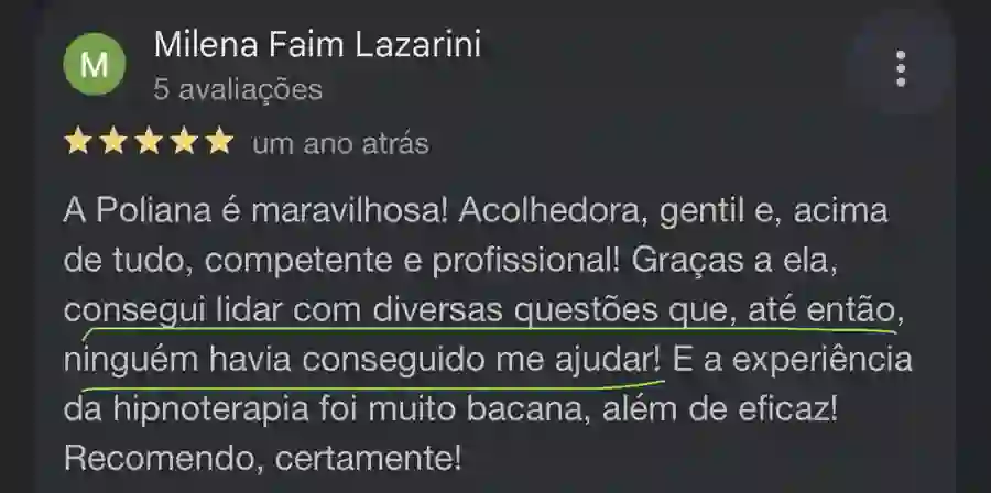 Depoimento de Milena Faim Lazarini sobre a Poliana Santos no Google